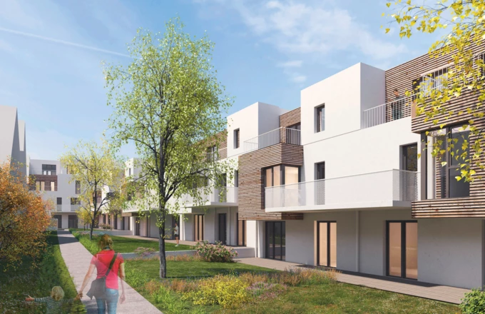 Natur in der Stadt – realisiert durch Grünflächen und den Einsatz von Holz. Natur in der Stadt – realisiert durch Grünflächen und den Einsatz von Holz.